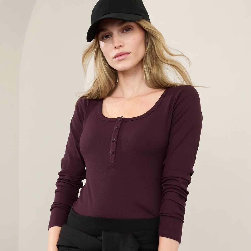 NWOT! Athleta Signature Rib Henley 3/4 Sleeve Top Sz Large Loungewear Athleisure